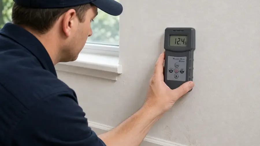 A technician checks an interior wall with a handheld moisture meter