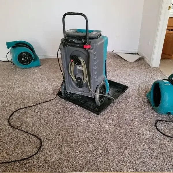 A dehumidifier and two air movers dry carpeting inside a home.