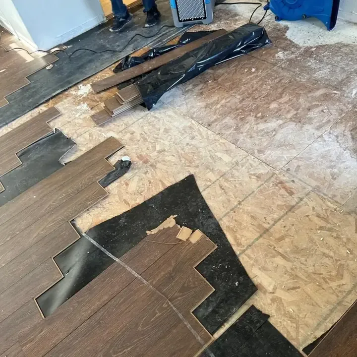 Removed planks expose the subfloor beside the remaining flooring.