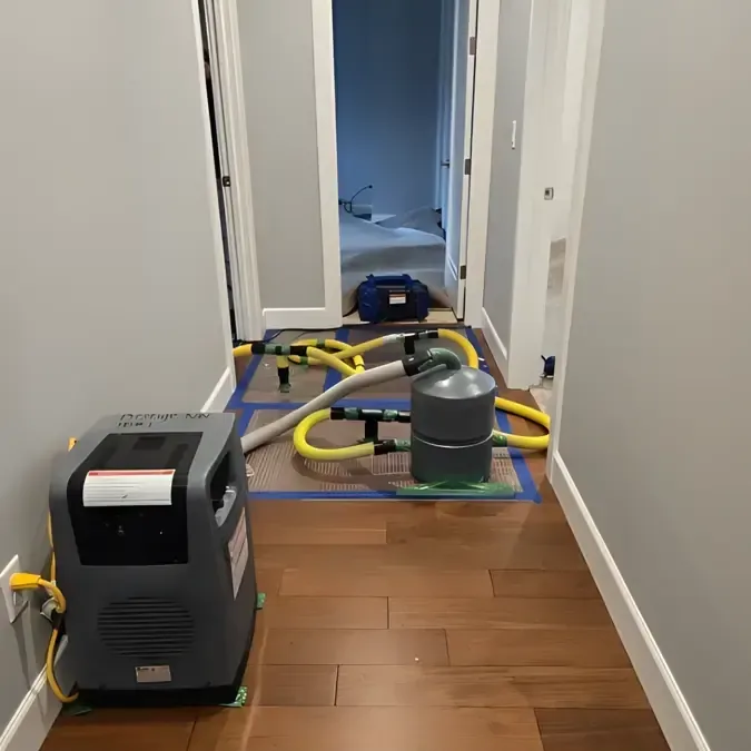 A dehumidifier and connected hoses sit on hardwood flooring in a hallway.
