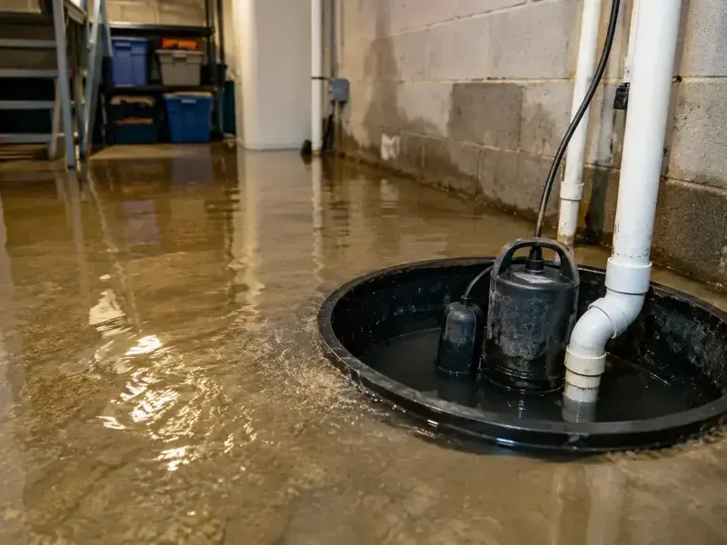 Standing water surrounds a sump basin and pump beside a basement block wall
