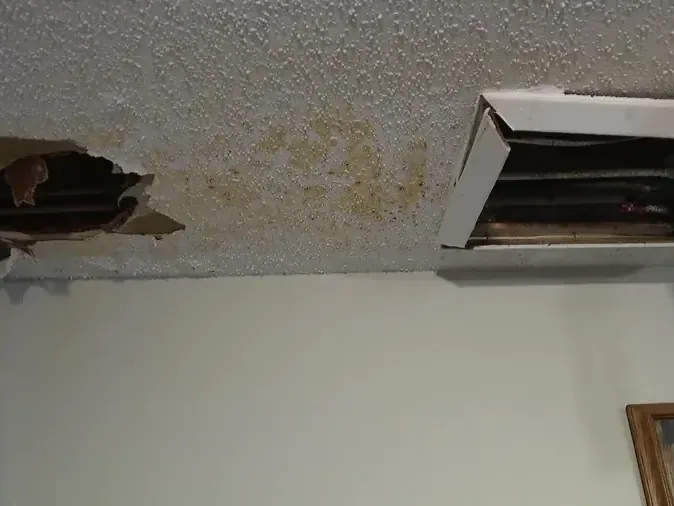 Water stains and two openings in ceiling drywall expose the framing above a room