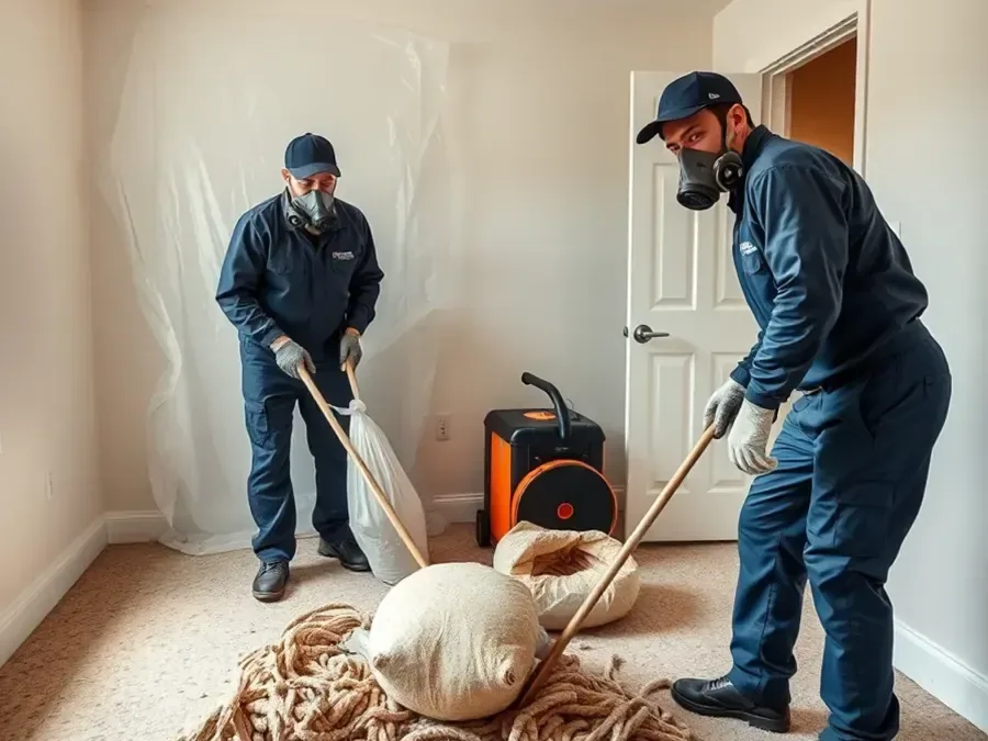Two technicians wearing gloves and respirators clean a carpeted room with mops beside restoration equipment