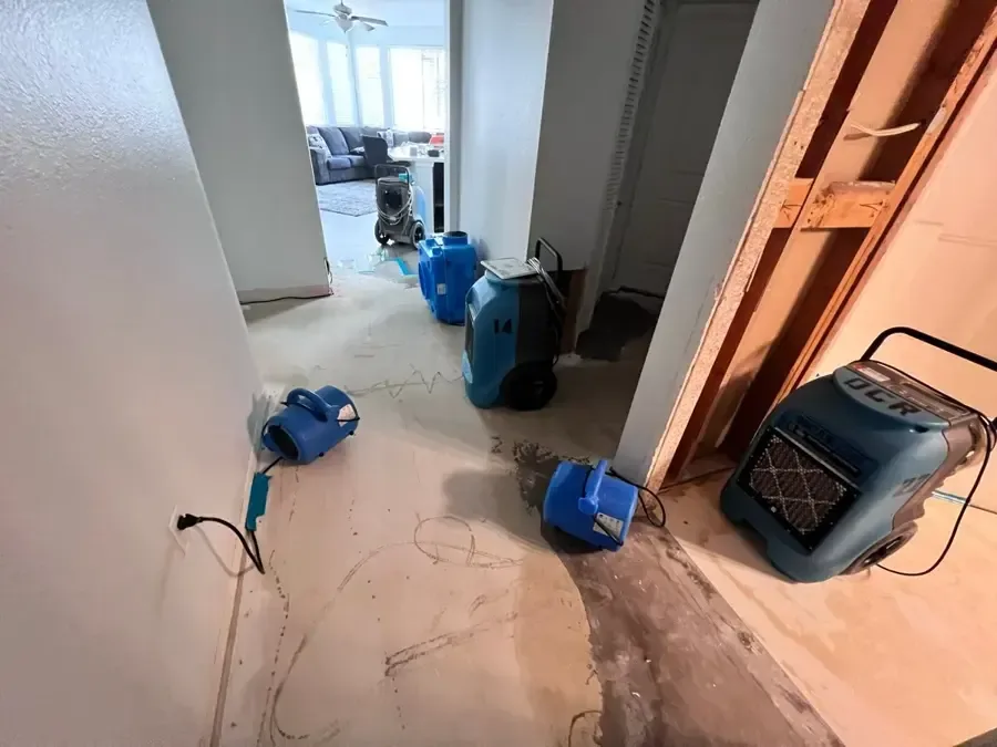 Air movers and a dehumidifier operate beside opened wall cavities during drying