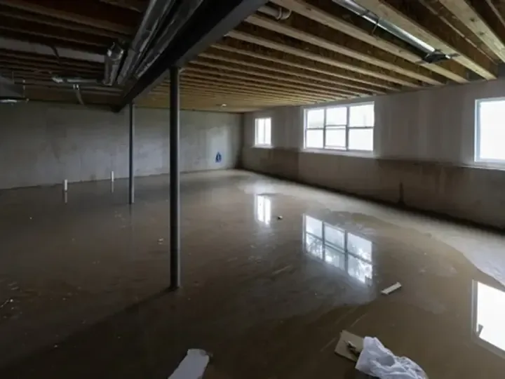 Standing water covers an unfinished basement floor beneath exposed joists and utility pipes.